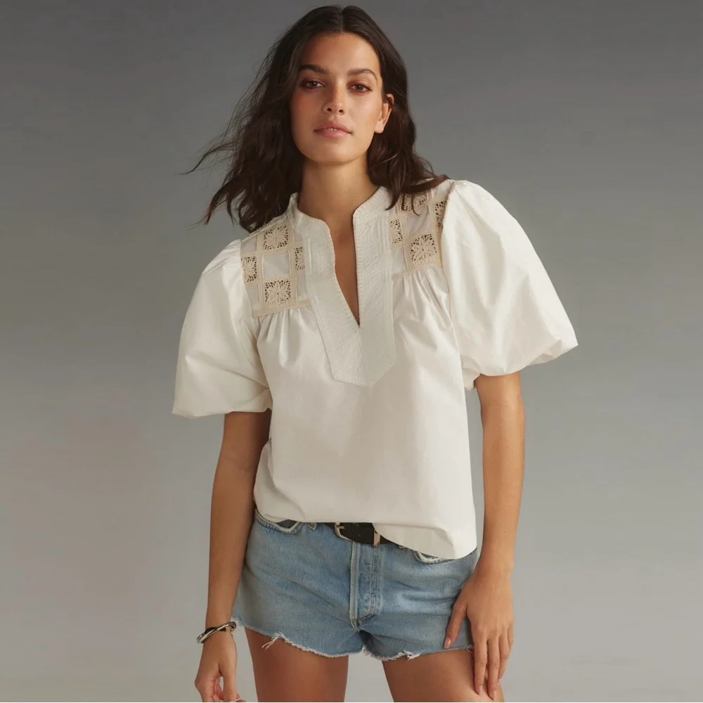 By Anthropologie Puff-Sleeve Crochet Blouse Color: White